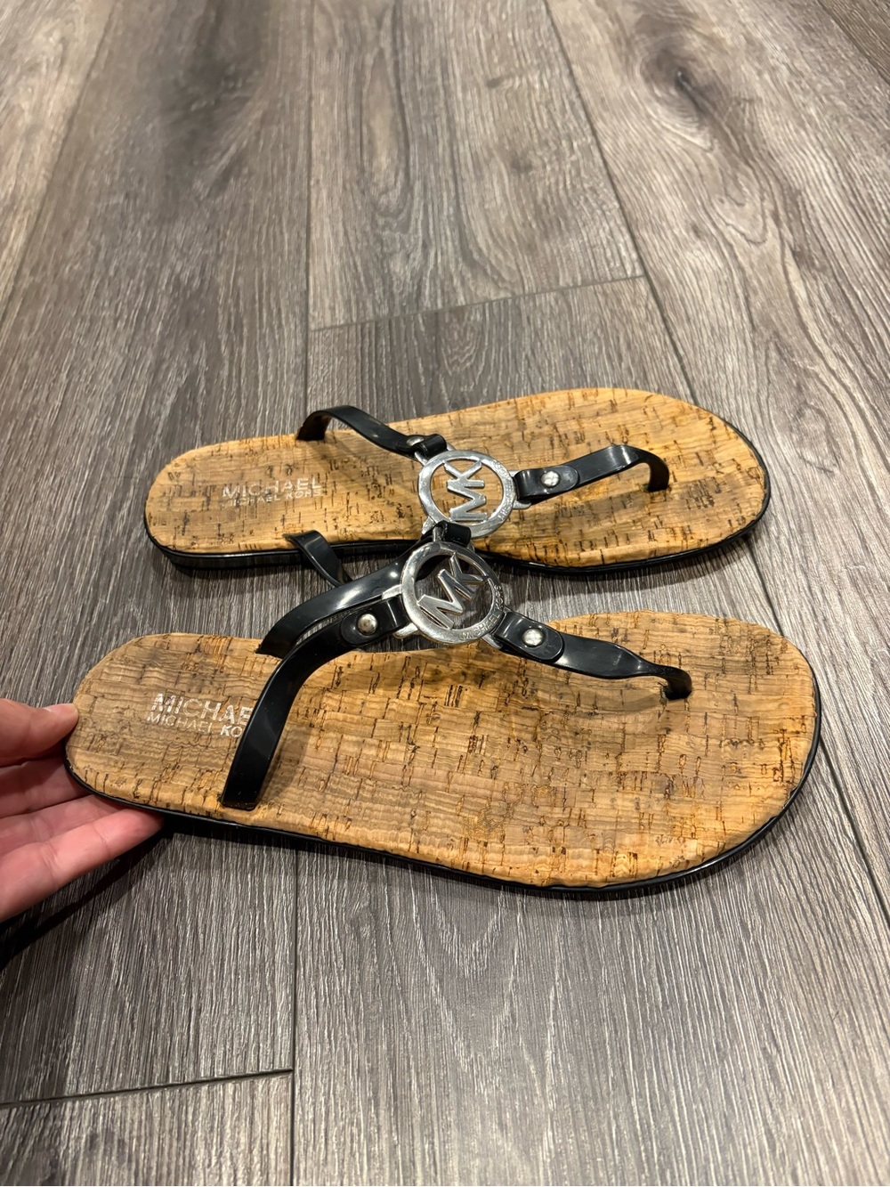 Michael Kors Black Patent Logo Thong Sandals with Cork-Style Footbed